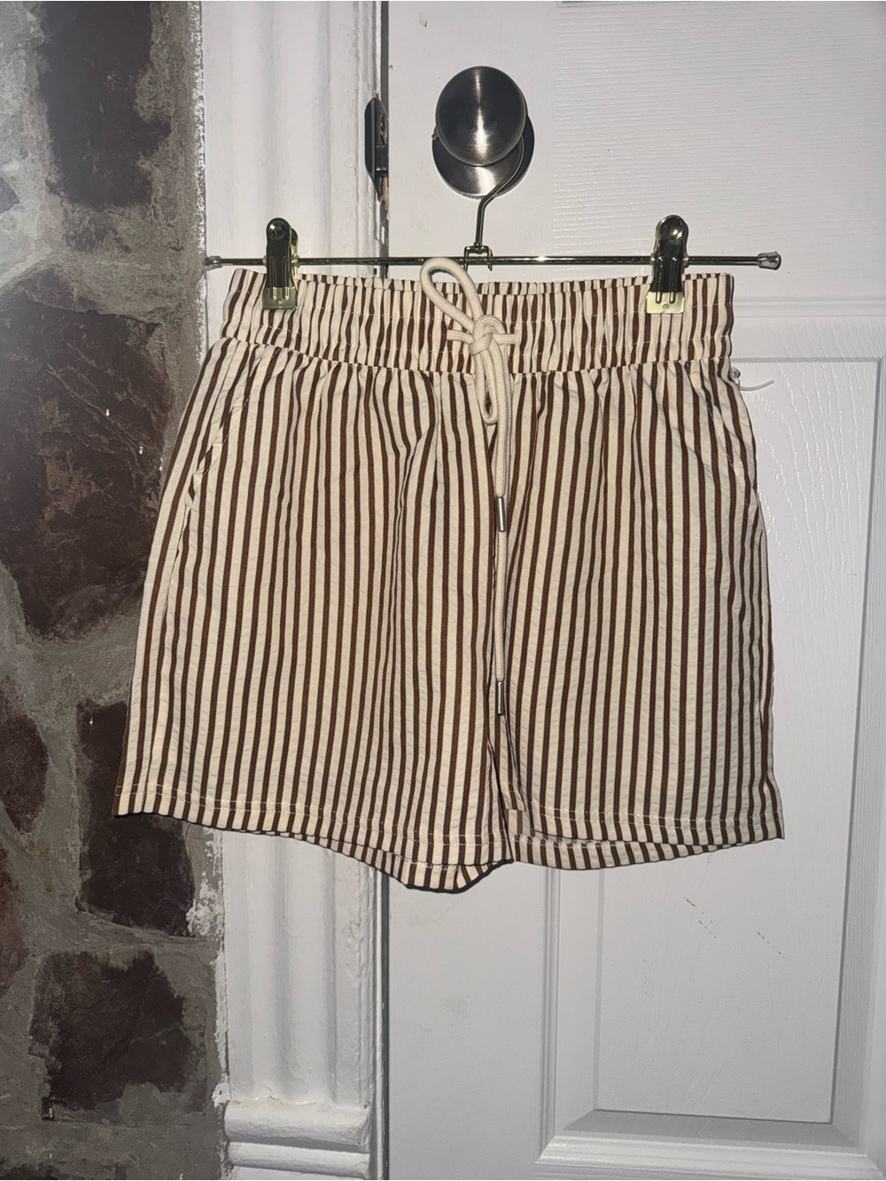 Striped Drawstring Women’s Shorts - Cream & Brown